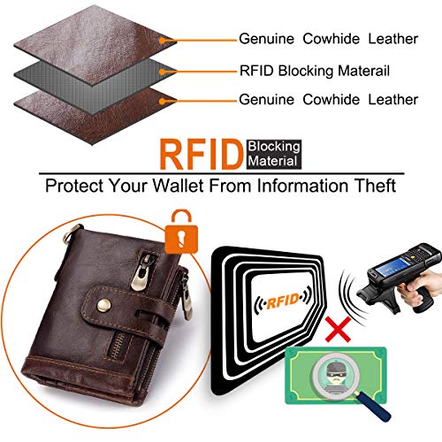 Cartera Hombre Monedero de Cuero con RFID Bloqueo Billetera Piel Hombre y Monedero con Cremallera, Billeteras Bifold Hombres 16 Ranuras para Tarjetas Carteras para Hombre con Cadena (café)