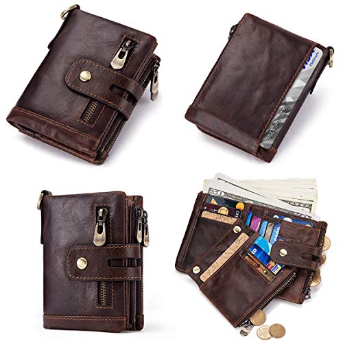 Cartera Hombre Monedero de Cuero con RFID Bloqueo Billetera Piel Hombre y Monedero con Cremallera, Billeteras Bifold Hombres 16 Ranuras para Tarjetas Carteras para Hombre con Cadena (café)