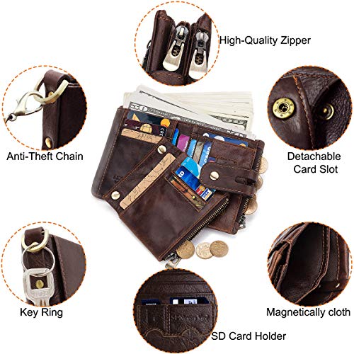 Cartera Hombre Monedero de Cuero con RFID Bloqueo Billetera Piel Hombre y Monedero con Cremallera, Billeteras Bifold Hombres 16 Ranuras para Tarjetas Carteras para Hombre con Cadena (café)