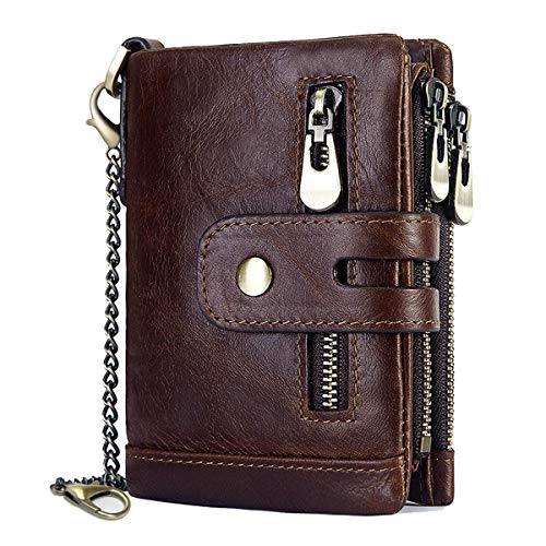 Cartera Hombre Monedero de Cuero con RFID Bloqueo Billetera Piel Hombre y Monedero con Cremallera, Billeteras Bifold Hombres 16 Ranuras para Tarjetas Carteras para Hombre con Cadena (café)