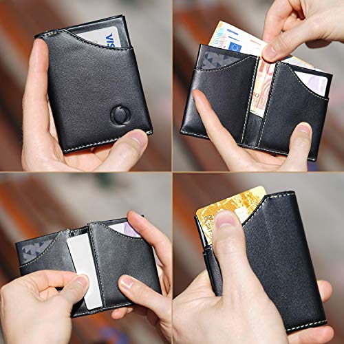 Cartera Hombre pequeña de Piel auténtica - Cartera Minimalista con protección RFID, Espacio para 9 Tarjetas y Billetes, Regalos para Hombre, Negro
