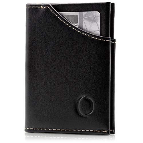 Cartera Hombre pequeña de Piel auténtica - Cartera Minimalista con protección RFID, Espacio para 9 Tarjetas y Billetes, Regalos para Hombre, Negro