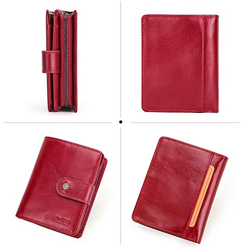 Carteras de Cuero Genuino Cartera de Hombre para Mujer Cartera Corta pequeña con Tarjetero RFID Carteras para Mujer Monedero Rojo-Negro