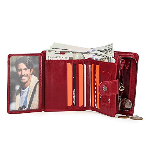 Carteras de Cuero Genuino Cartera de Hombre para Mujer Cartera Corta pequeña con Tarjetero RFID Carteras para Mujer Monedero Rojo-Negro