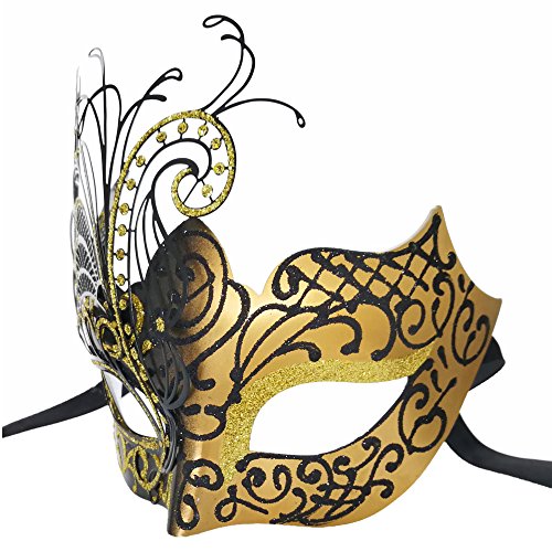 CCUFO Máscara de la Mascarada de Pareja Máscara de Fiesta de Disfraces de Carnaval de Rhinestone Brillante Veneciano (Paquete de 2)（ Dorado Guerrero Romano y Mariposa）