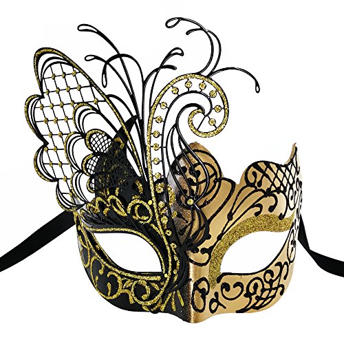 CCUFO Máscara de la Mascarada de Pareja Máscara de Fiesta de Disfraces de Carnaval de Rhinestone Brillante Veneciano (Paquete de 2)（ Dorado Guerrero Romano y Mariposa）