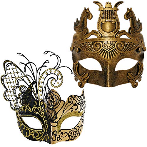 CCUFO Máscara de la Mascarada de Pareja Máscara de Fiesta de Disfraces de Carnaval de Rhinestone Brillante Veneciano (Paquete de 2)（ Dorado Guerrero Romano y Mariposa）
