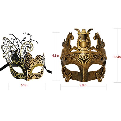 CCUFO Máscara de la Mascarada de Pareja Máscara de Fiesta de Disfraces de Carnaval de Rhinestone Brillante Veneciano (Paquete de 2)（ Dorado Guerrero Romano y Mariposa）