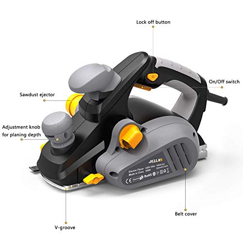 Cepilladora Eléctrica de JELLAS de 16.000 rpm y 850 W, cepillo de 82 mm de ancho y 3 mm de profundidad, incluye soporte, 2 correas de goma y escobillas de carbón, bolsa para recoger el polvo