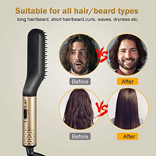 Cepillo Alisador de Barba, Plancha de Pelo y Barba Profesional, Peine Barba Electrico para el cabello y barba de Hombre 2 in 1Multifuncional Peine de Pelo Liso para Hombre Mujer(Con Enchufe de EU)