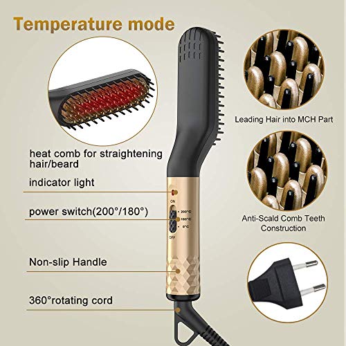 Cepillo Alisador de Barba, Plancha de Pelo y Barba Profesional, Peine Barba Electrico para el cabello y barba de Hombre 2 in 1Multifuncional Peine de Pelo Liso para Hombre Mujer(Con Enchufe de EU)