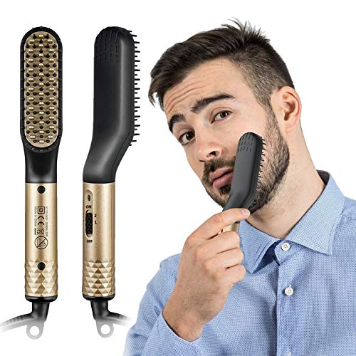 Cepillo Alisador de Barba, Plancha de Pelo y Barba Profesional, Peine Barba Electrico para el cabello y barba de Hombre 2 in 1Multifuncional Peine de Pelo Liso para Hombre Mujer(Con Enchufe de EU)