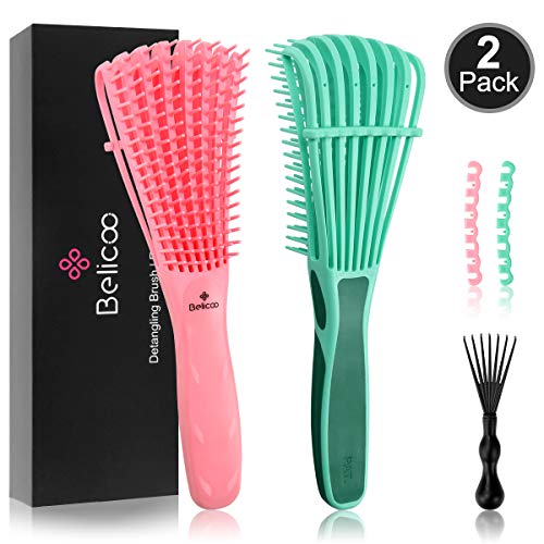 Cepillo para desenredar el cabello Belicoo, para cabello húmedo y seco, Afro 3c a 4c, Cabello con nudos gruesos y rizados, Paquete de 2 peines flexibles rosa y verde, Pulpo diseñado para evitar tirone