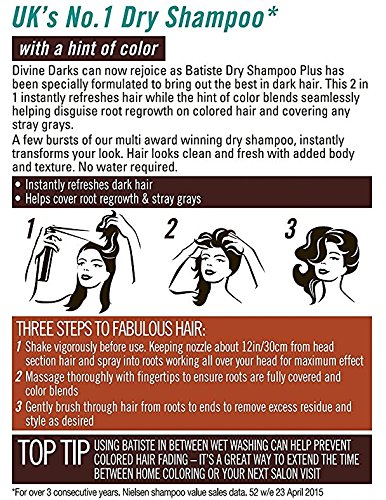 Champú seco Batiste Divine Dark con un toque de color para cabello negro y marrón oscuro, para todo tipo de cabello, paquete de 3 unidades 2 + 1 (3 x 200 ml)