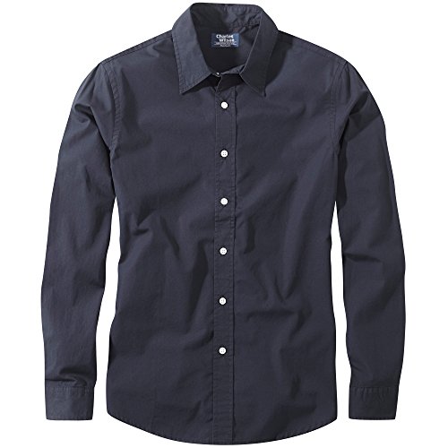 Charles Wilson Camisa Manga Larga Popelina Lisa para Hombre (Large, Navy Blue)