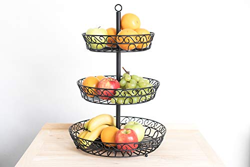 Chefarone frutero de 3 pisos - Cesta de frutas metálica para mostrador y organizador cocina – Fruteros de cocina negro estilo vintage – Para verduras y frutas frescas - Soporte de frutas con cuencos