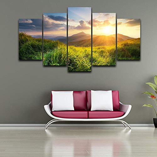 Chemoxing Impresión sobre lienzo pintura complementos decoración casa 5 piezas Prateria de Mountain Valley durante el Tramunto Natura Scenario Poster Modular Wall Art Pictures-30X40_30X60_30X80 cm