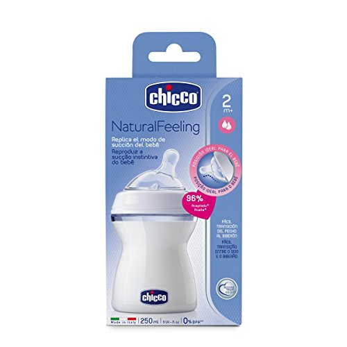 Chicco NaturalFeeling - Biberón con tetina inclinada anticólicos y flujo medio para bebé de 2m+, 250 ml