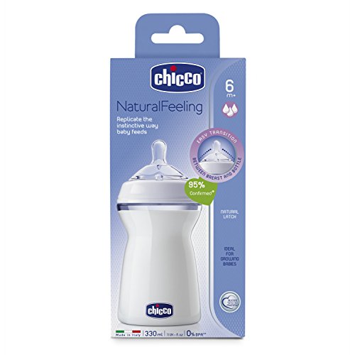 Chicco NaturalFeeling - Biberón con tetina redondeada anticólicos y flujo rápido para bebé de 6m+, 330 ml