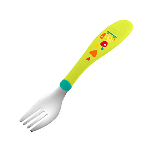 Chicco - Set de Cubiertos Infantiles de acero inoxidables, tenedor y cuchara con mango de plástico ergonómico, color verde