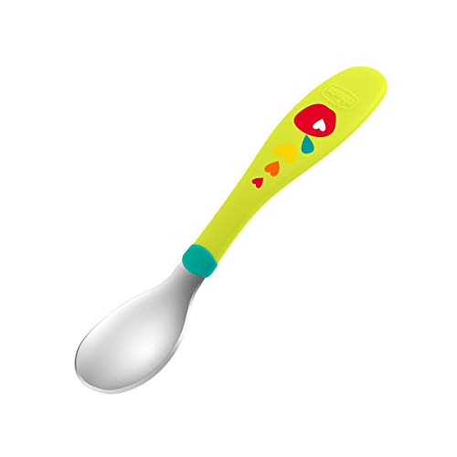 Chicco - Set de Cubiertos Infantiles de acero inoxidables, tenedor y cuchara con mango de plástico ergonómico, color verde