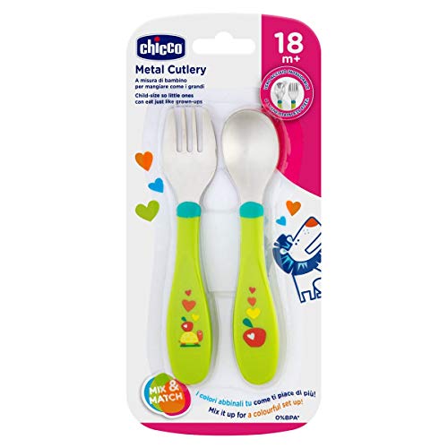 Chicco - Set de Cubiertos Infantiles de acero inoxidables, tenedor y cuchara con mango de plástico ergonómico, color verde