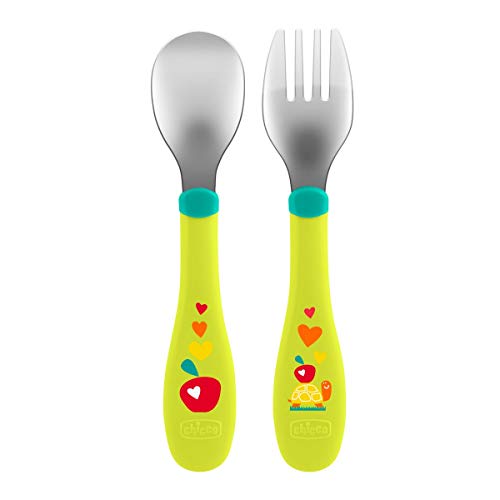 Chicco - Set de Cubiertos Infantiles de acero inoxidables, tenedor y cuchara con mango de plástico ergonómico, color verde