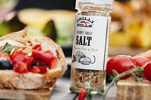 Chilli Hills Gourmet Hot Salt 3 Flavours Set - Pink Salt cut through with NAGA, HABANERO or CHIPOTLE Hot Pepper Flakes. All Natural, GMO & Gluten Free, Vegan - 3 x 100 gr in Reusable Glass Grinders