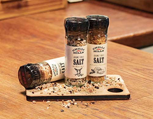 Chilli Hills Gourmet Hot Salt 3 Flavours Set - Pink Salt cut through with NAGA, HABANERO or CHIPOTLE Hot Pepper Flakes. All Natural, GMO & Gluten Free, Vegan - 3 x 100 gr in Reusable Glass Grinders