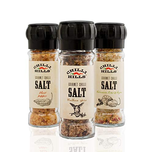 Chilli Hills Gourmet Hot Salt 3 Flavours Set - Pink Salt cut through with NAGA, HABANERO or CHIPOTLE Hot Pepper Flakes. All Natural, GMO & Gluten Free, Vegan - 3 x 100 gr in Reusable Glass Grinders