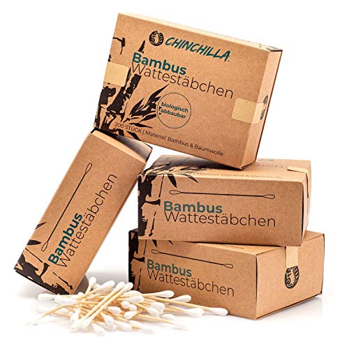 Chinchilla® 4-pack Bambú bastoncillos de algodón (800 piezas) 100% Biodegradable, Compostable, Vegano y Sostenible