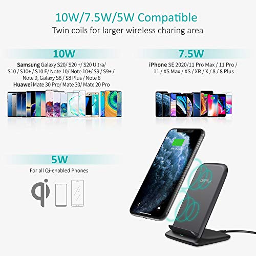 CHOETECH Cargador Inalámbrico, Wireless Charger con QC 3.0 Adaptador, 15W para LG Sony, 10 W para Samsung S20/S10/S9/S8/Note10/Huawei, 7.5W para iPhone11/11Pro/SE 2020/XS/XR/X/8/8 Plus-Negro