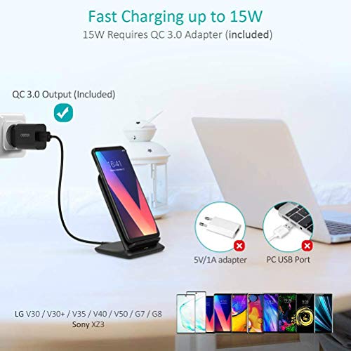 CHOETECH Cargador Inalámbrico, Wireless Charger con QC 3.0 Adaptador, 15W para LG Sony, 10 W para Samsung S20/S10/S9/S8/Note10/Huawei, 7.5W para iPhone11/11Pro/SE 2020/XS/XR/X/8/8 Plus-Negro