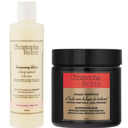 CHRISTOPHE ROBIN - Máscara de regeneración con aceite de semilla de pera rápida (250 ml) y delicioso champú voluminizador con extractos de rosa.