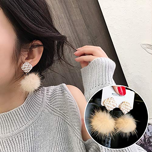 Chwewxi Pendientes pequeños de la Bola de Pelo de la Tendencia de la Fragancia Pendientes del Temperamento Femenino Pendientes Largos, Bola de Pelo Blanco