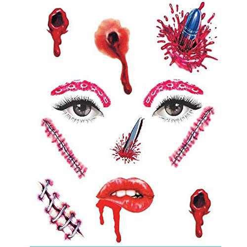 CHXFit Halloween tatuajes cara pegatina para mujeres hombres, día de los muertos Sugar Skull Terror Scar impermeable maquillaje facial tatuaje pegatinas 3PCS-8-3 piezas-10,5x6 CM