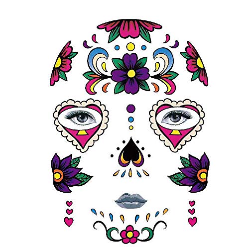 CHXFit Halloween tatuajes cara pegatina para mujeres hombres, día de los muertos Sugar Skull Terror Scar impermeable maquillaje facial tatuaje pegatinas 3PCS-8-3 piezas-10,5x6 CM