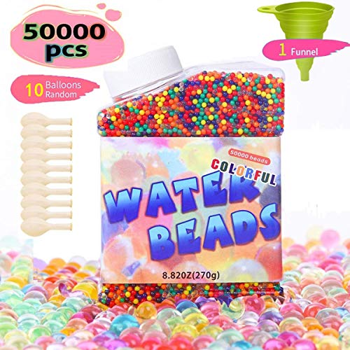 CICADAS Perlas de Agua 50,000 Piezas Perlas de Gel Bolas de Gel de Agua No Tóxicas de Colores para Decoración de Florero, Plantas, Flores, Decoración del Hogar, con Embudo y 10 Globos