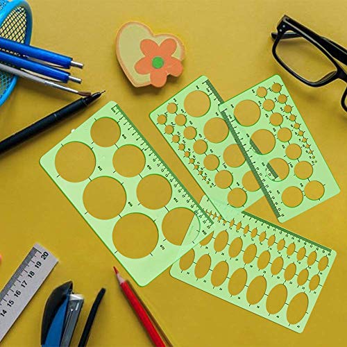 Círculo y Plantilla Ovalada, Paquete de 4 Plantilla de Medición de Plástico Transparente Verde Regla Plantilla de Regla Geométrica para Oficina y Escuela, Encofrado de Edificios, Plantillas de Dibujo