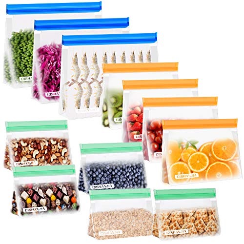 CISHANJIA Bolsa Silicona Reutilizables, 12 piezas Bolsas Congelar Reutilizables sin BPA Bolsas de Almuerzo Ziplock Snack, Bolsas de Alimentos Ecológicas e Impermeables para Frutas, Almuerzos, Viajes