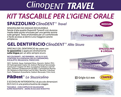 Clinodent Travel - Kit de higiene bucal de bolsillo: bolsa, cepillo plegable, gel dentífrico aliento seguro sin necesidad de enjuague, horquillas interdentales