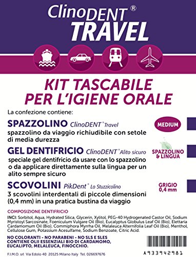 Clinodent Travel - Kit de higiene bucal de bolsillo: bolsa, cepillo plegable, gel dentífrico aliento seguro sin necesidad de enjuague, horquillas interdentales