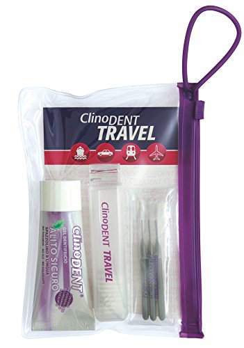 Clinodent Travel - Kit de higiene bucal de bolsillo: bolsa, cepillo plegable, gel dentífrico aliento seguro sin necesidad de enjuague, horquillas interdentales