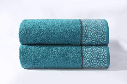 Cloe' Louis - Juego de 2 toallas de baño (algodón peinado puro, 550 g/m², 70 x 130 cm, con borde de jacquard, suaves, lavables a máquina), verde azulado, Toalla de baño