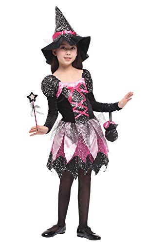 Cloudkids Disfraz de Bruja para Niñas Infantil con Sombrero de Bruja Hechicera- Niña - Disfraz - Carnaval - Halloween - Cosplay - Accesorios - Talla XL, 10 a 12 años