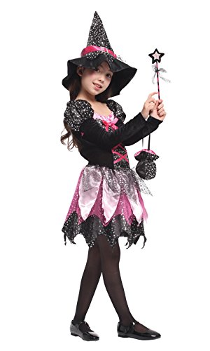 Cloudkids Disfraz de Bruja para Niñas Infantil con Sombrero de Bruja Hechicera- Niña - Disfraz - Carnaval - Halloween - Cosplay - Accesorios - Talla XL, 10 a 12 años