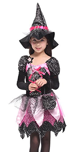 Cloudkids Disfraz de Bruja para Niñas Infantil con Sombrero de Bruja Hechicera- Niña - Disfraz - Carnaval - Halloween - Cosplay - Accesorios - Talla XL, 10 a 12 años