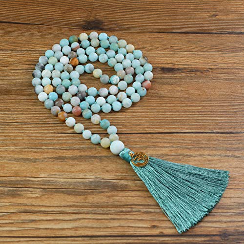 COAI Mala 108 Cuentas de Amazonita Alisa Anudadas a Mano con Borla y Amuleto OM