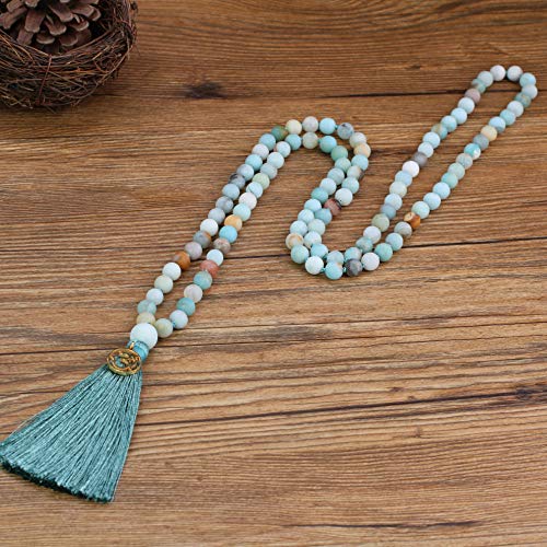 COAI Mala 108 Cuentas de Amazonita Alisa Anudadas a Mano con Borla y Amuleto OM