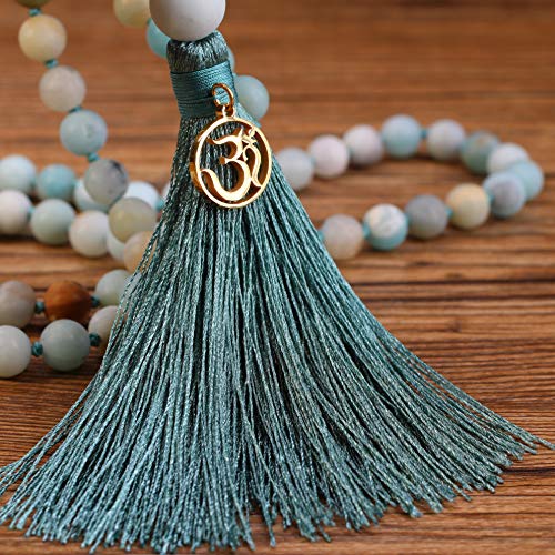 COAI Mala 108 Cuentas de Amazonita Alisa Anudadas a Mano con Borla y Amuleto OM